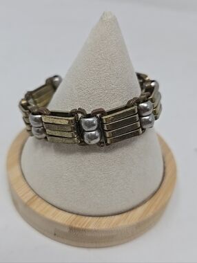 Steampunk grungecore metal beaded burnished bracelet mixmedia brass chrome